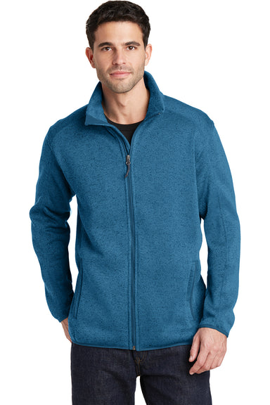 Port Authority F232 Mens Full Zip Sweater Fleece Jacket Heather Medium Blue Front