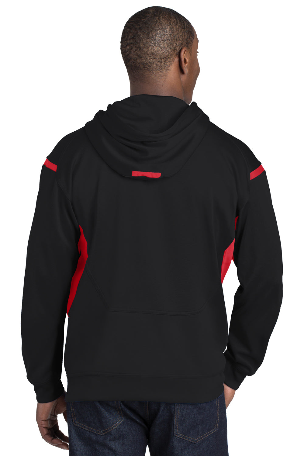 Sport-Tek F246 Mens Tech Moisture Wicking Fleece Hooded Sweatshirt Hoodie Black/Red Back