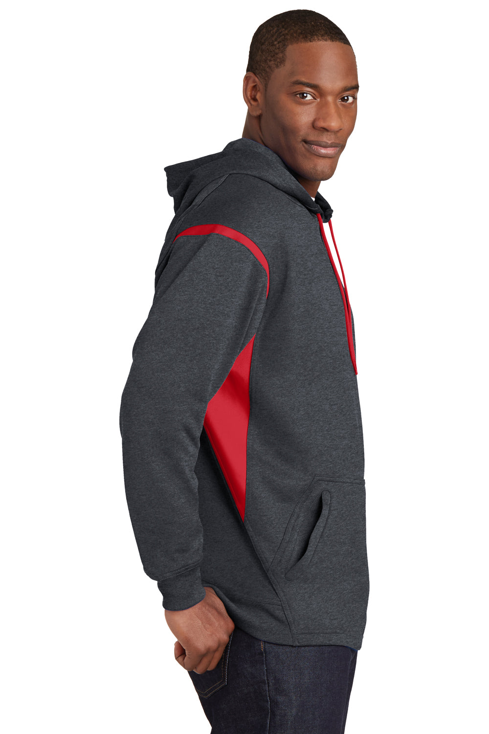 Sport-Tek F246 Mens Tech Moisture Wicking Fleece Hooded Sweatshirt Hoodie Heather Grey/Red Side