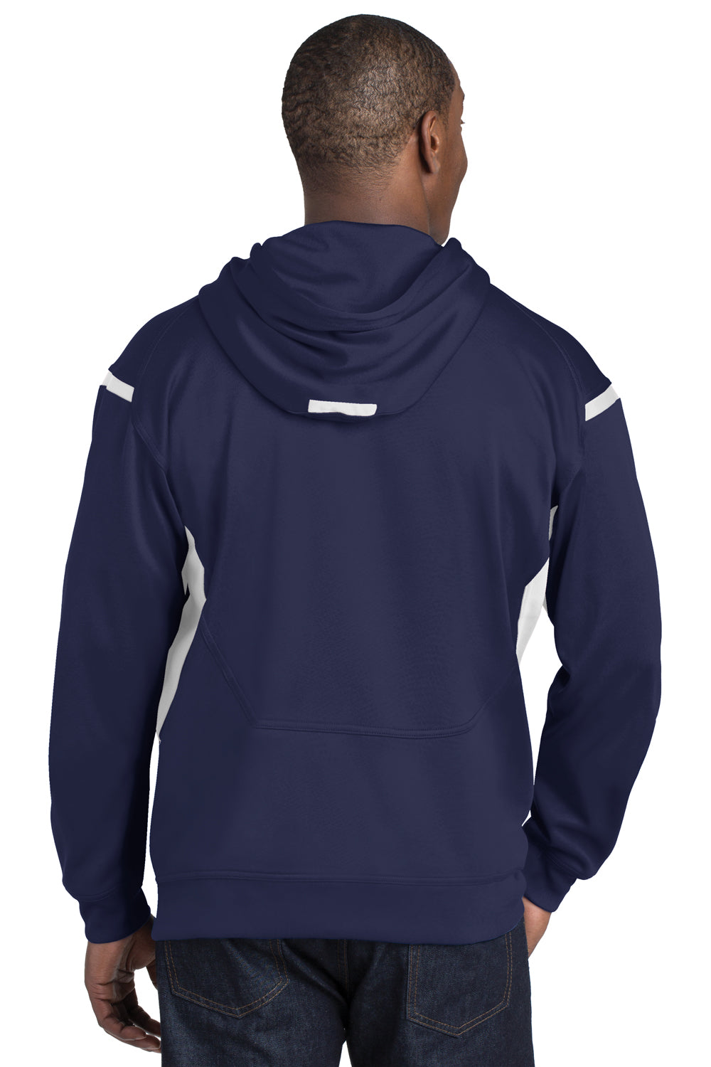 Sport-Tek F246 Mens Tech Moisture Wicking Fleece Hooded Sweatshirt Hoodie Navy Blue/White Back
