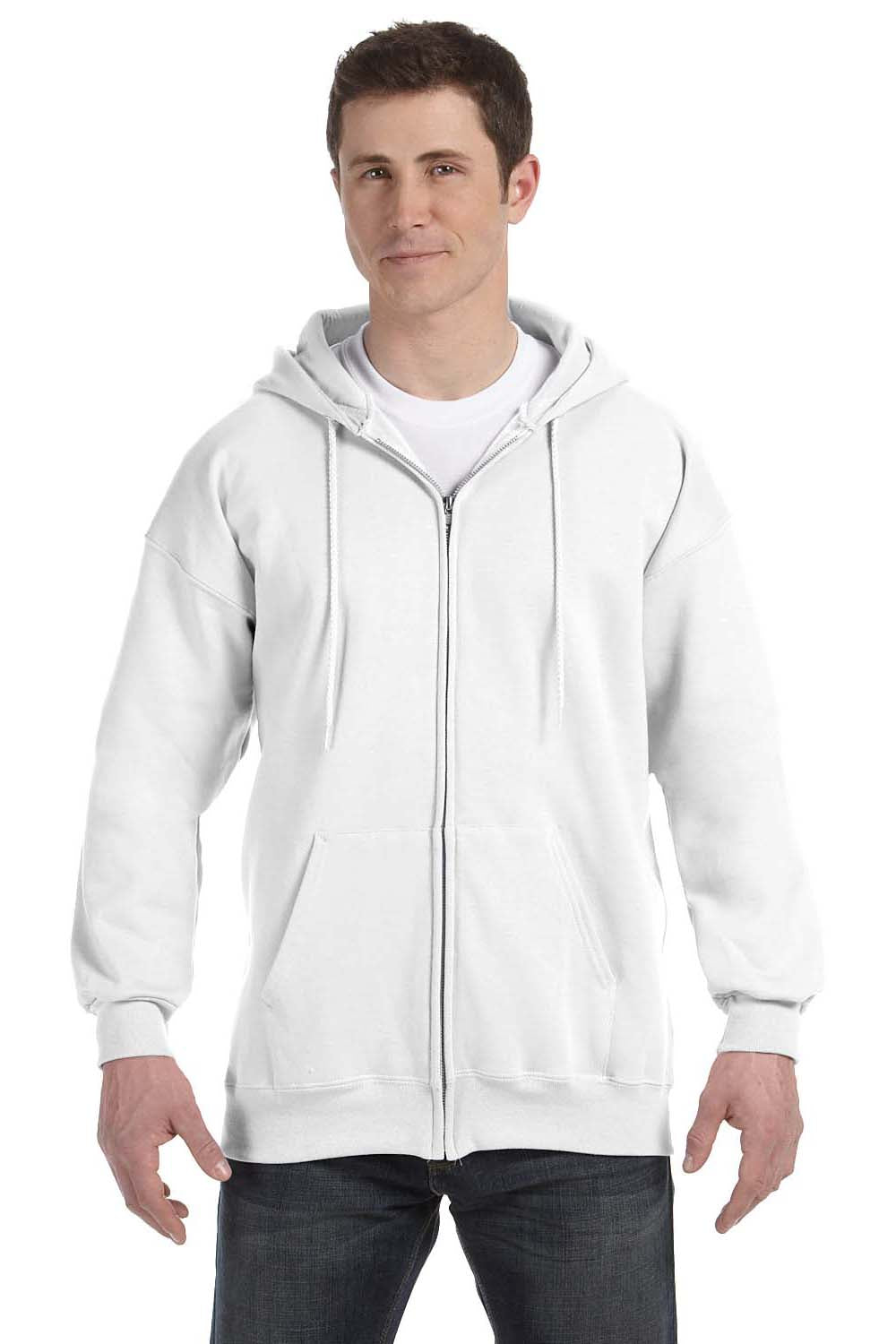Hanes F280 Mens Ultimate Cotton PrintPro XP Full Zip Hooded Sweatshirt Hoodie White Front
