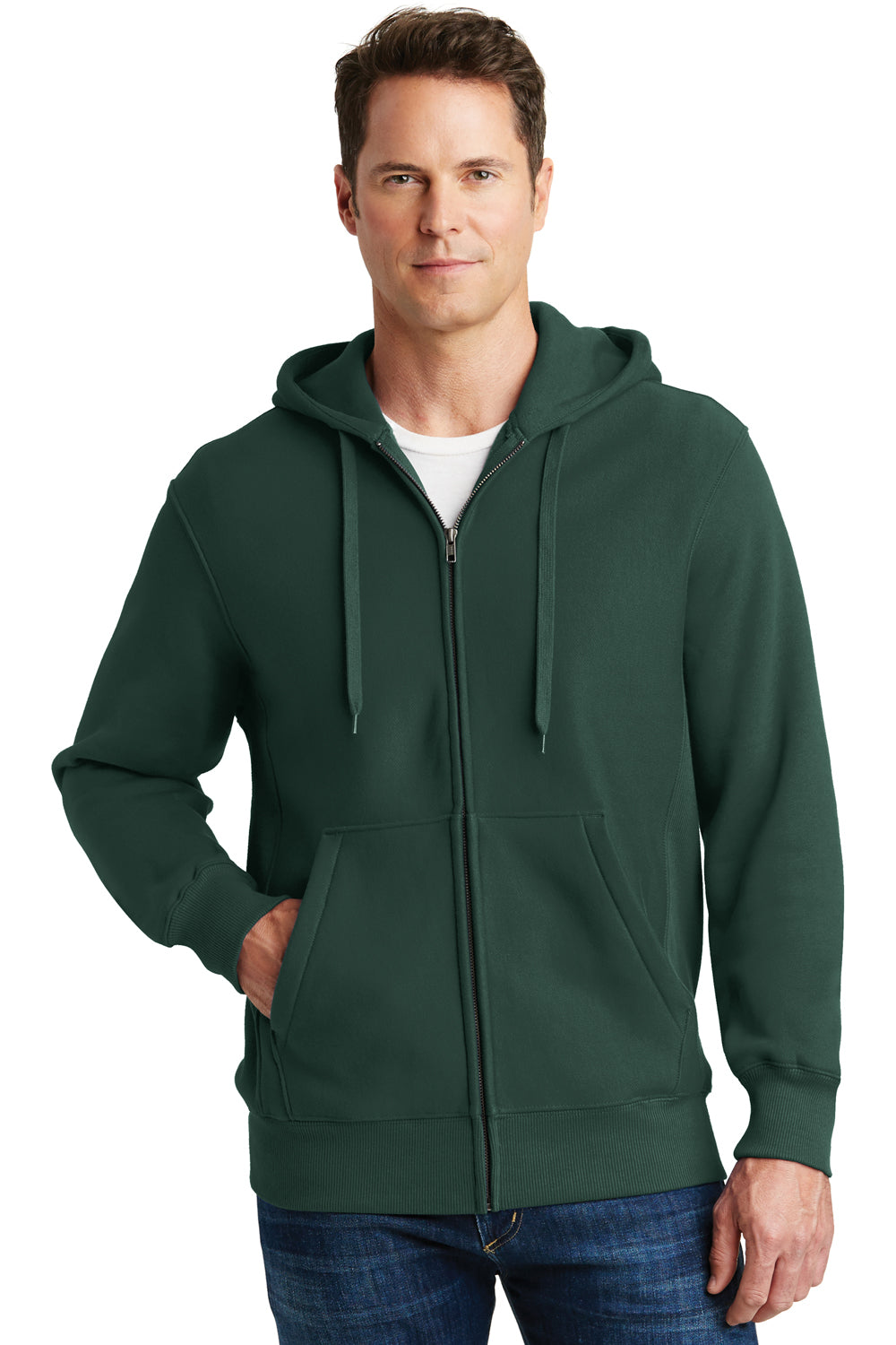 Sport-Tek F282 Mens Fleece Full Zip Hooded Sweatshirt Hoodie Forest Green Front