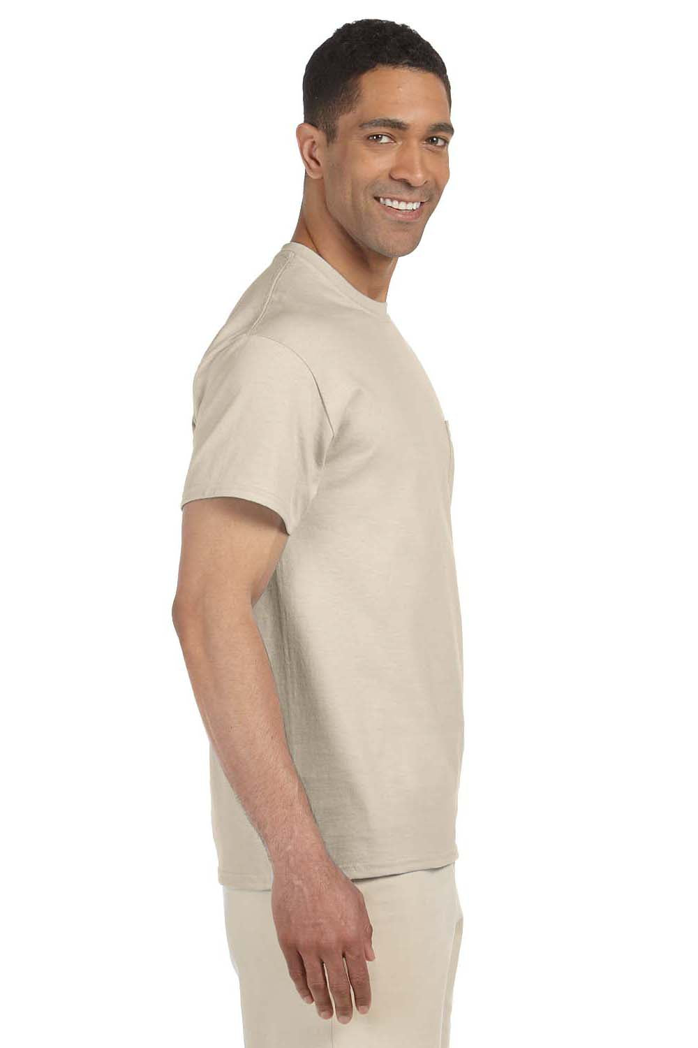 Gildan G230 Mens Ultra Short Sleeve Crewneck T-Shirt w/ Pocket Sand Brown Side