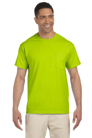 Gildan G230 Mens Ultra Short Sleeve Crewneck T-Shirt w/ Pocket Safety Green Front