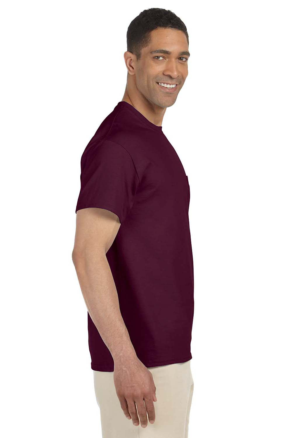 Gildan G230 Mens Ultra Short Sleeve Crewneck T-Shirt w/ Pocket Maroon Side