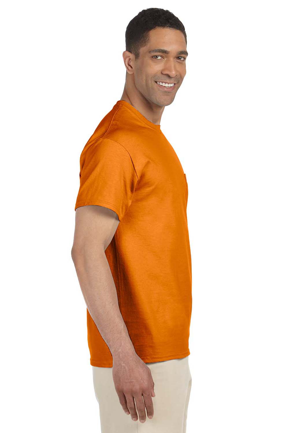 Gildan G230 Mens Ultra Short Sleeve Crewneck T-Shirt w/ Pocket Safety Orange Side