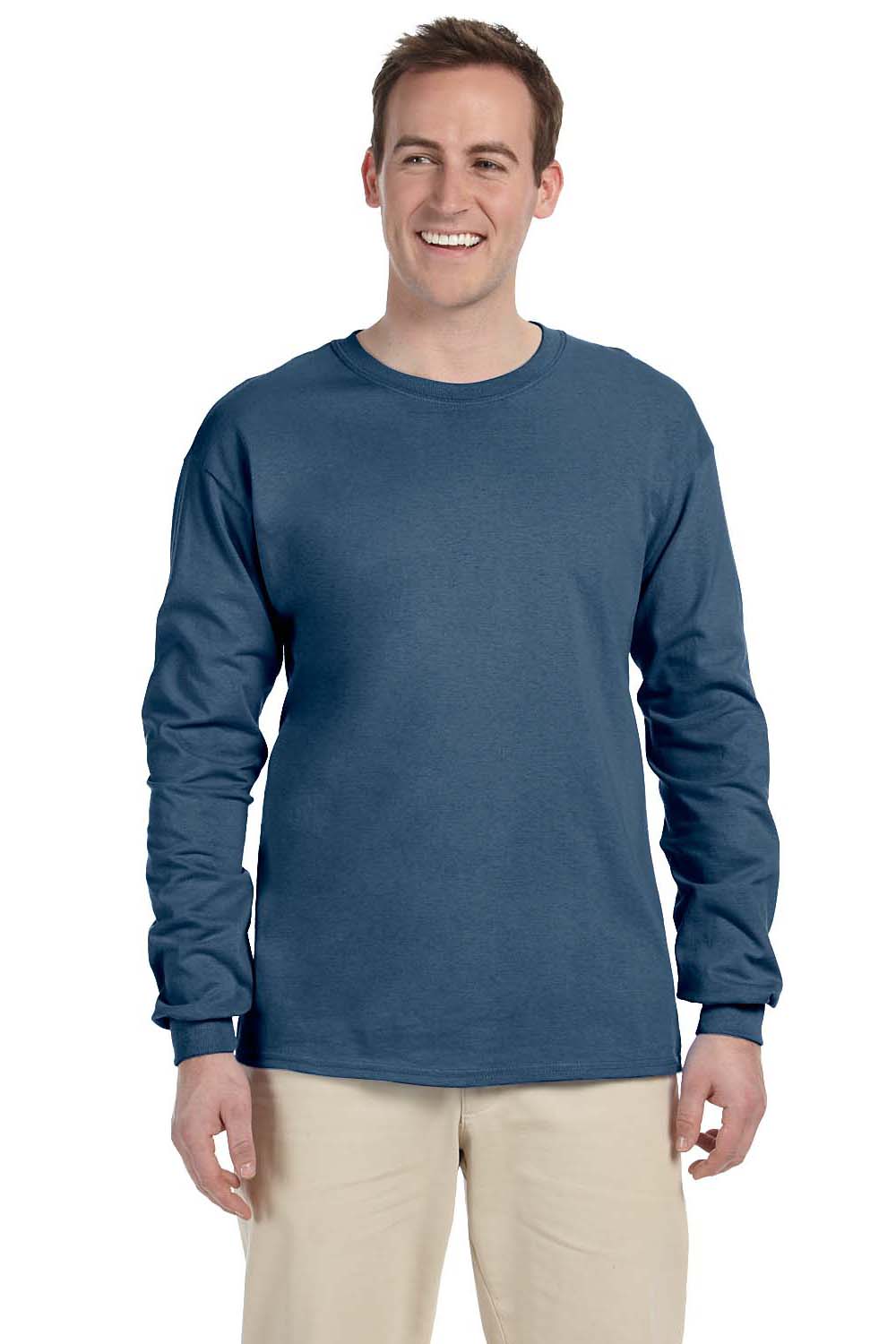 Gildan G240 Mens Ultra Long Sleeve Crewneck T-Shirt Indigo Blue Front