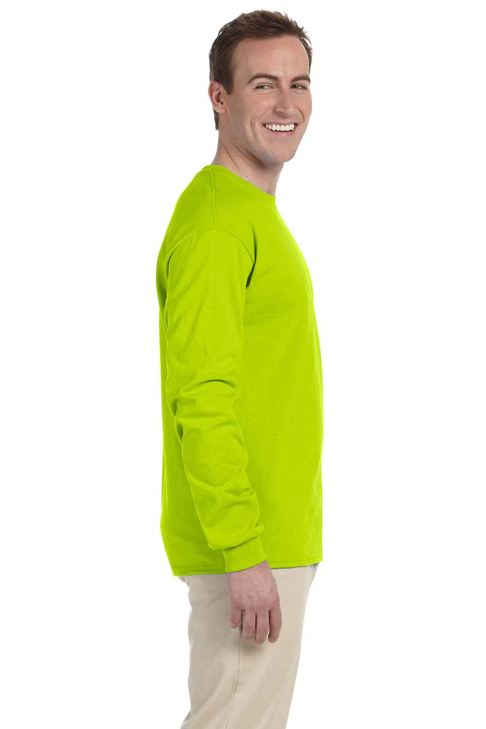 Gildan G240 Mens Ultra Long Sleeve Crewneck T-Shirt Safety Green Side