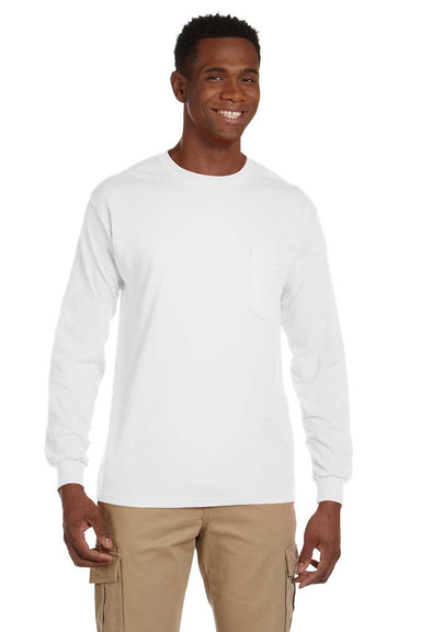 Gildan G241 Mens Ultra Long Sleeve Crewneck T-Shirt w/ Pocket White Front