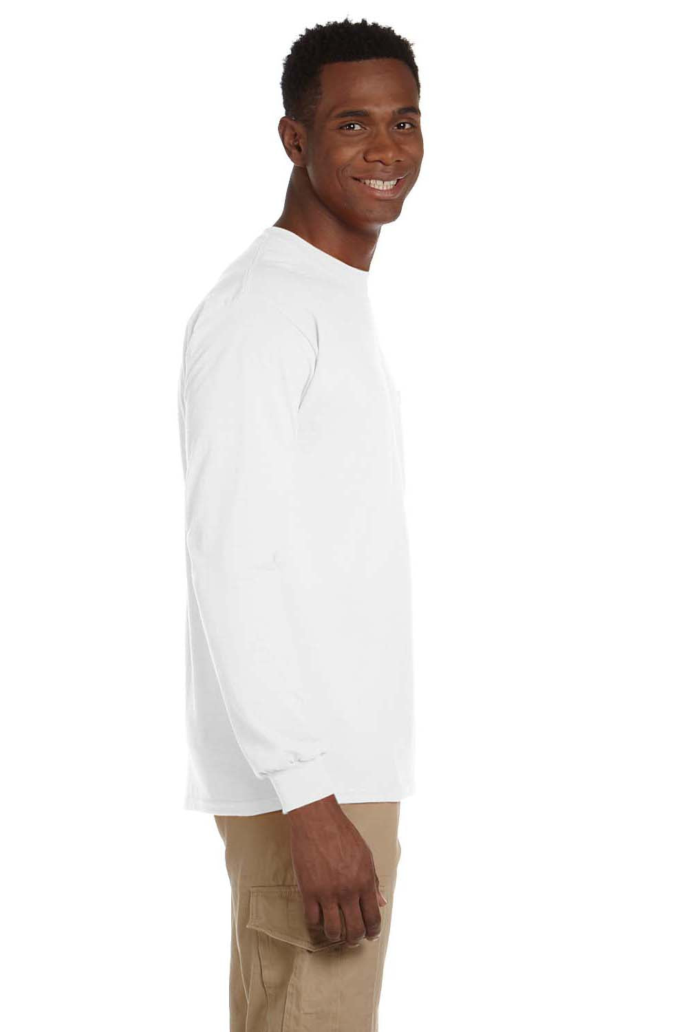 Gildan G241 Mens Ultra Long Sleeve Crewneck T-Shirt w/ Pocket White Side