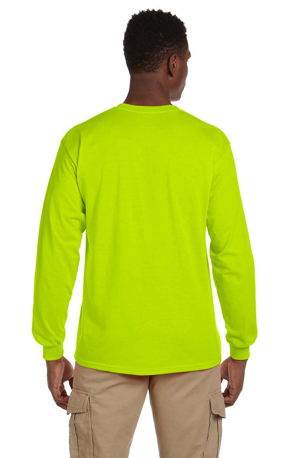 Gildan G241 Mens Ultra Long Sleeve Crewneck T-Shirt w/ Pocket Safety Green Back