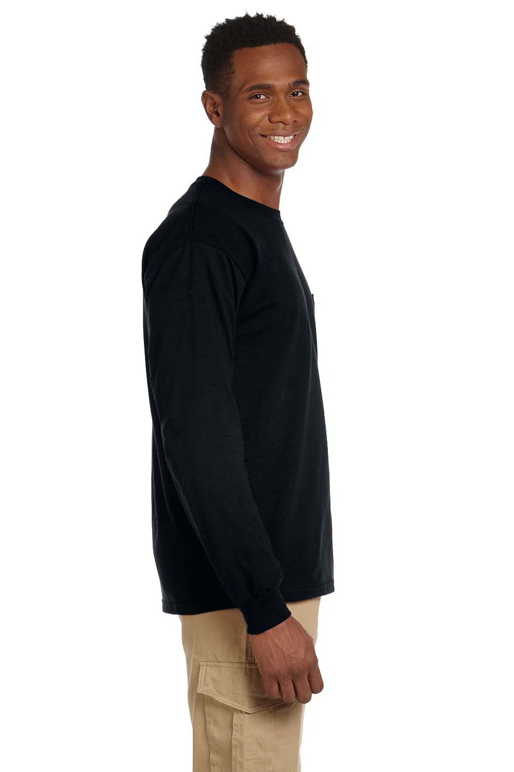 Gildan G241 Mens Ultra Long Sleeve Crewneck T-Shirt w/ Pocket Black Side
