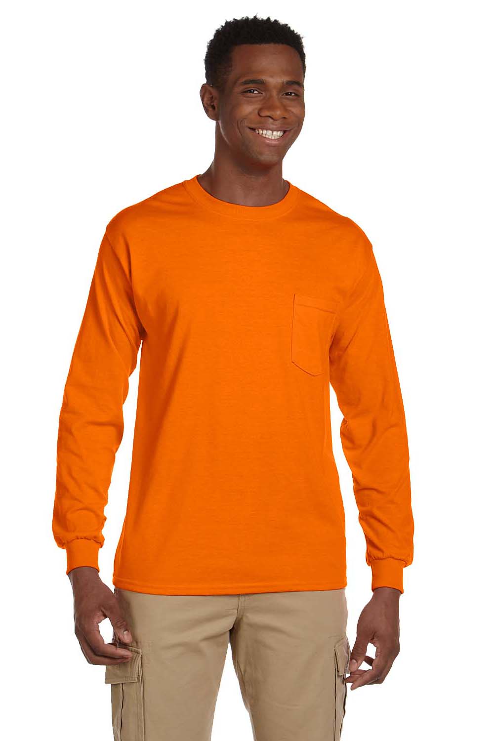 Gildan G241 Mens Ultra Long Sleeve Crewneck T-Shirt w/ Pocket Safety Orange Front