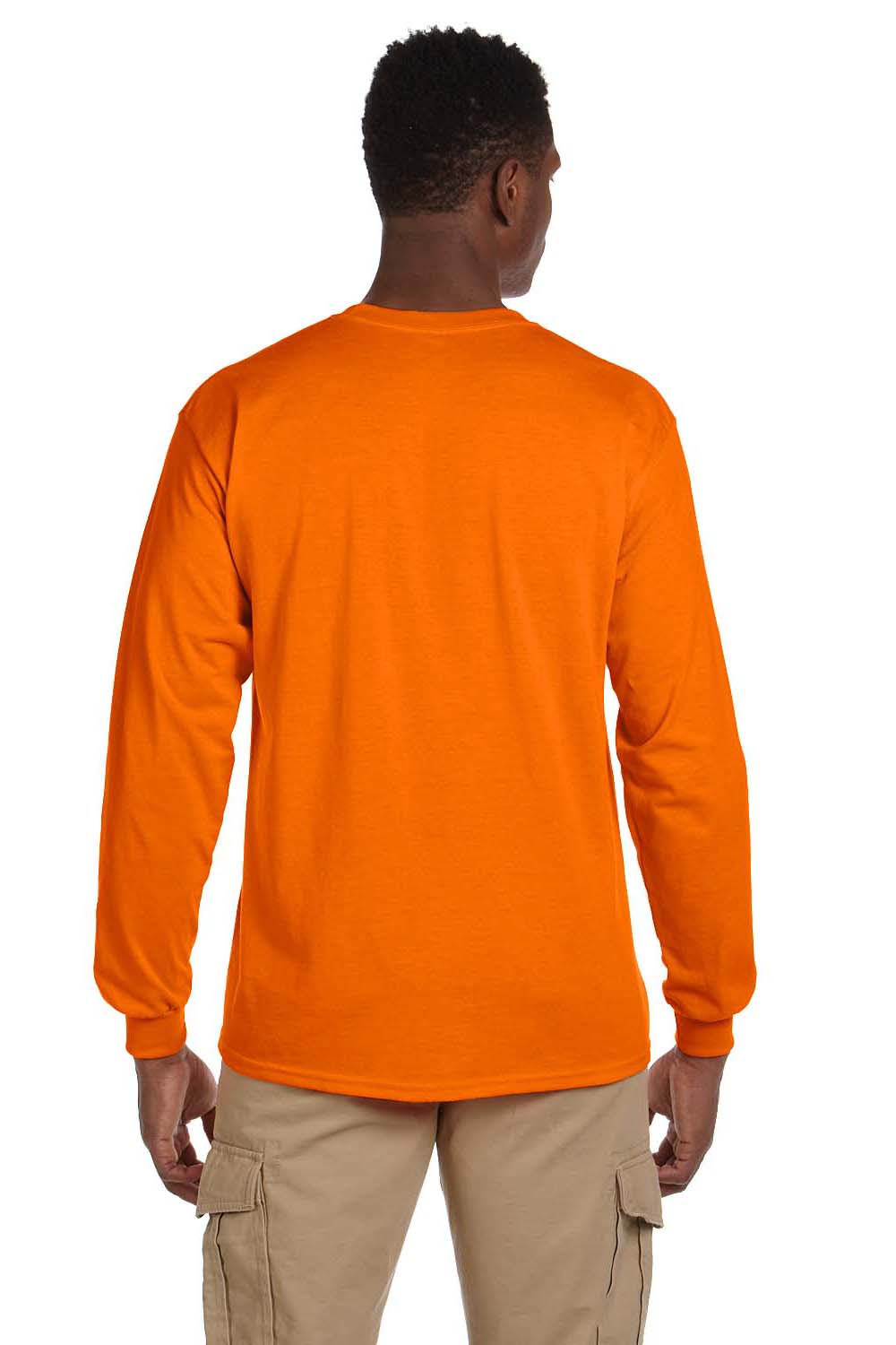 Gildan G241 Mens Ultra Long Sleeve Crewneck T-Shirt w/ Pocket Safety Orange Back