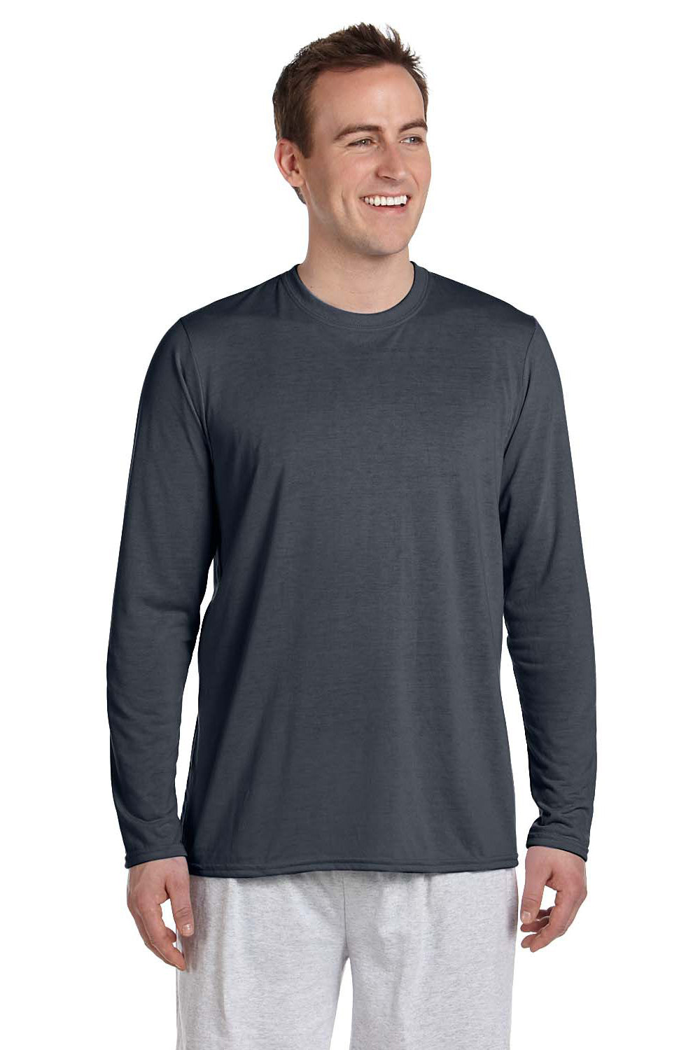 Gildan G424 Mens Performance Jersey Moisture Wicking Long Sleeve Crewneck T-Shirt Charcoal Grey Front