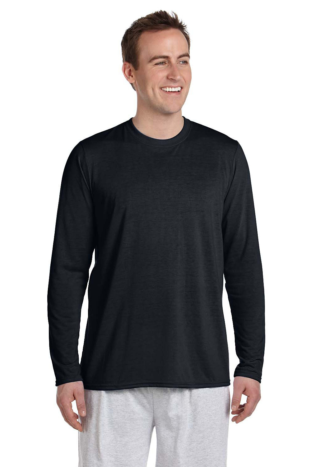 Gildan G424 Mens Performance Jersey Moisture Wicking Long Sleeve Crewneck T-Shirt Black Front
