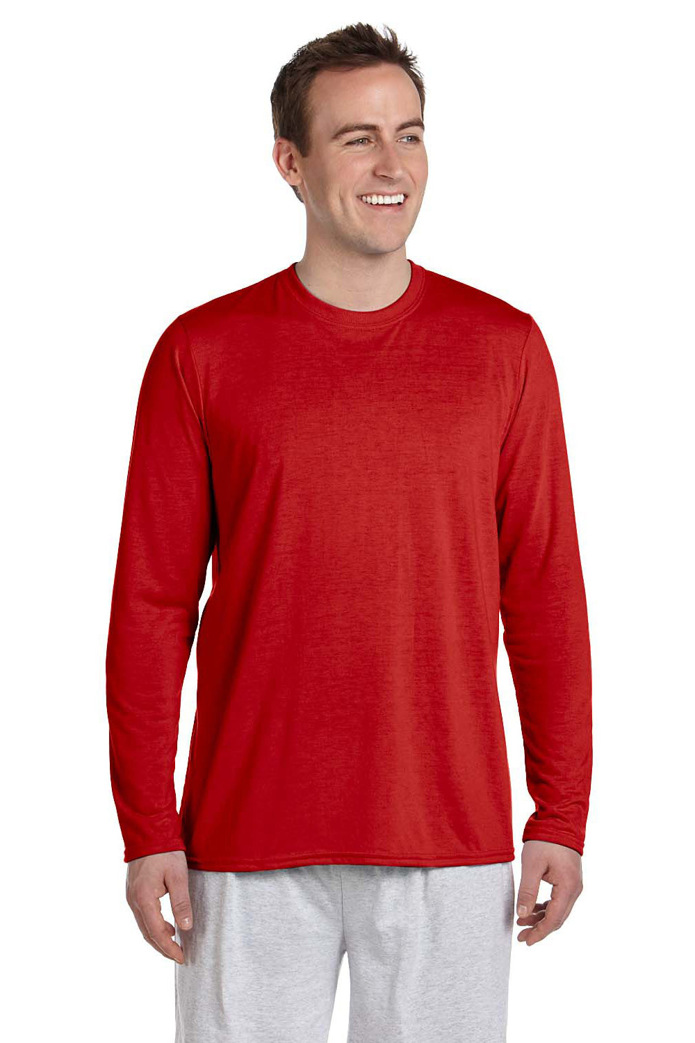 Gildan G424 Mens Performance Jersey Moisture Wicking Long Sleeve Crewneck T-Shirt Red Front