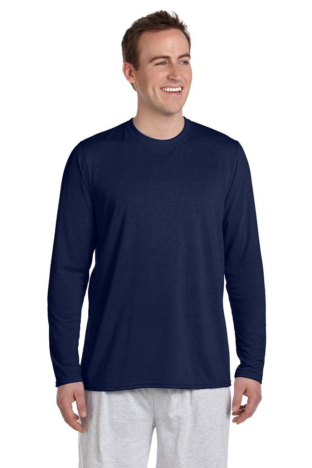 Gildan G424 Mens Performance Jersey Moisture Wicking Long Sleeve Crewneck T-Shirt Navy Blue Front