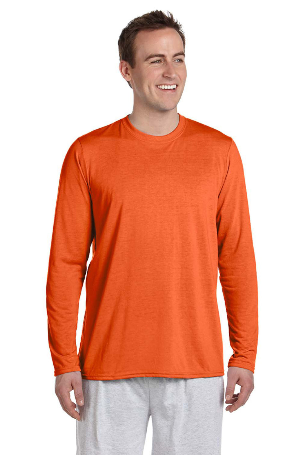 Gildan G424 Mens Performance Jersey Moisture Wicking Long Sleeve Crewneck T-Shirt Orange Front