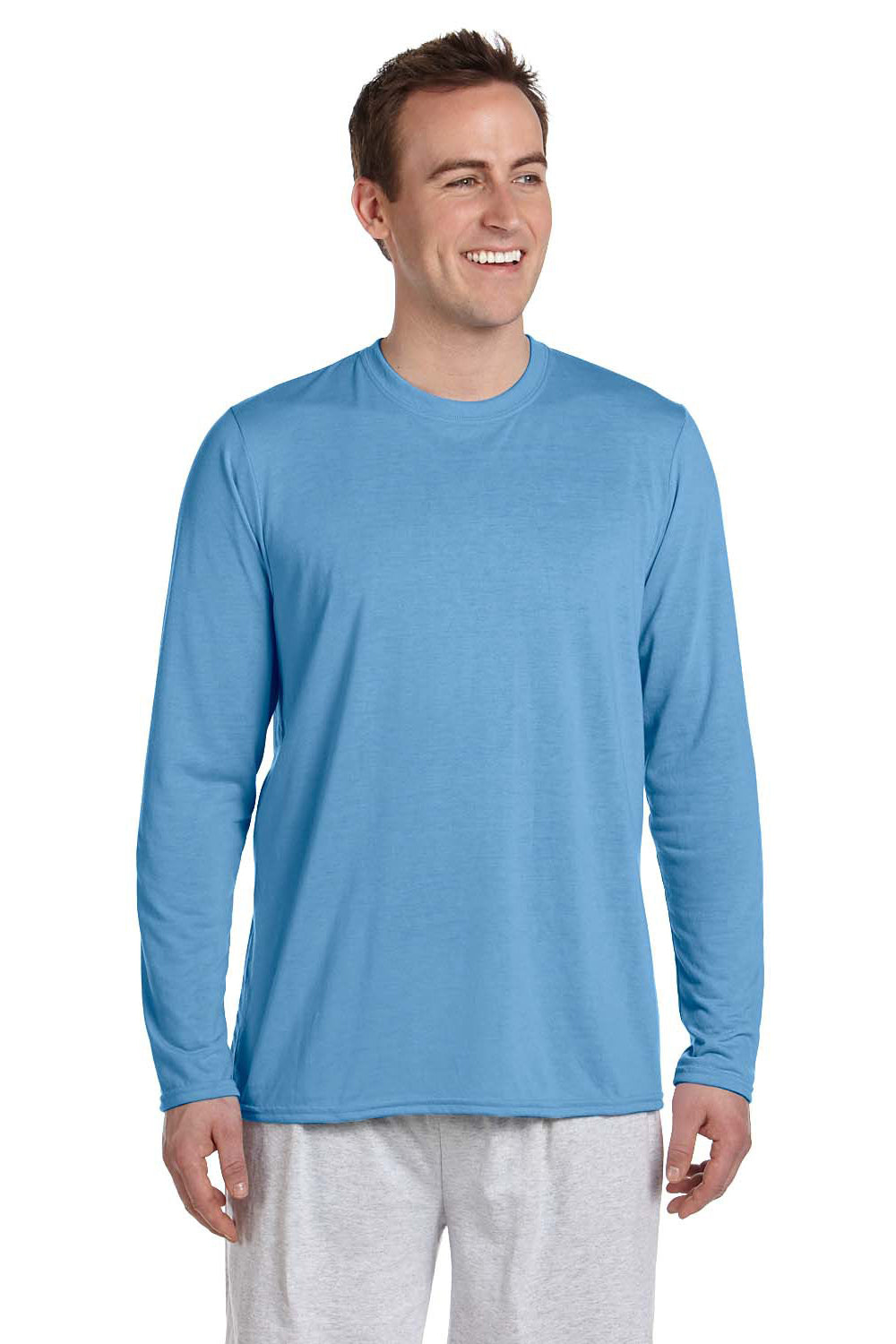 Gildan G424 Mens Performance Jersey Moisture Wicking Long Sleeve Crewneck T-Shirt Carolina Blue Front