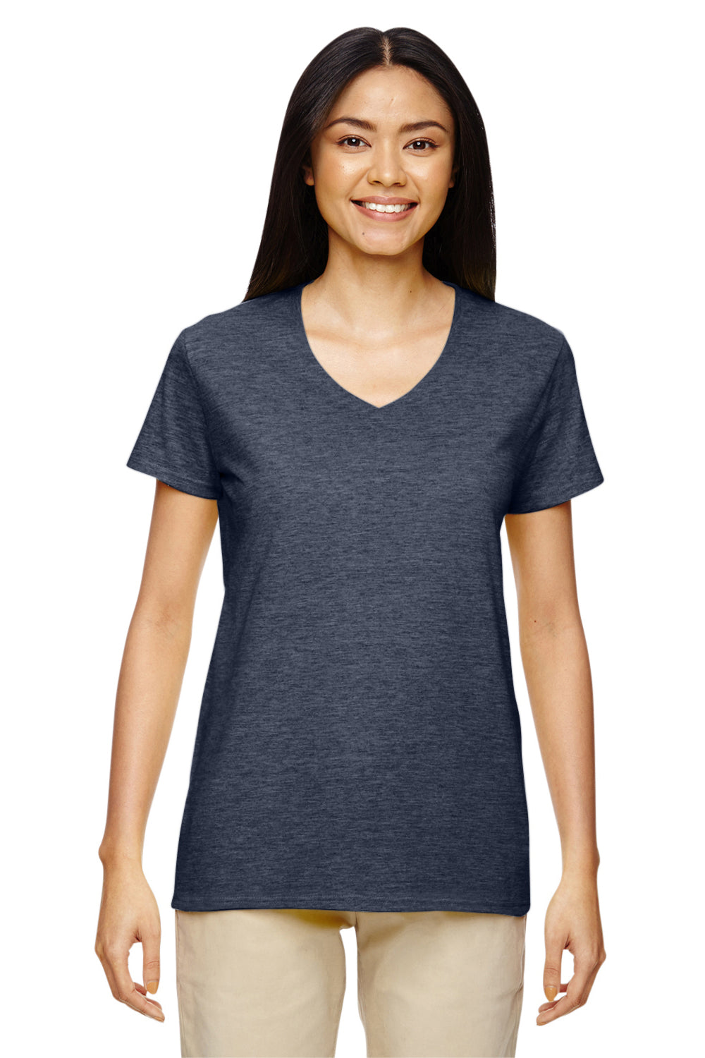 Gildan G500VL Womens Short Sleeve V-Neck T-Shirt Heather Navy Blue Front