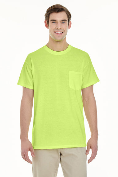 Gildan G530 Mens Short Sleeve Crewneck T-Shirt w/ Pocket Safety Green Front