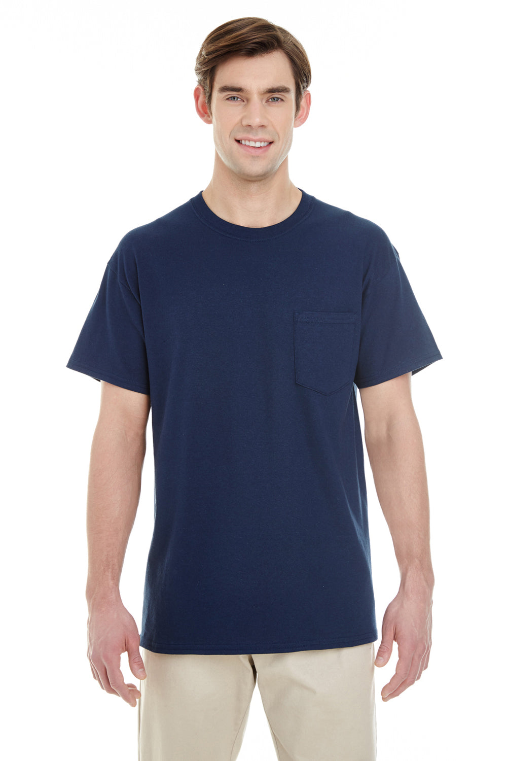 Gildan G530 Mens Short Sleeve Crewneck T-Shirt w/ Pocket Navy Blue Front