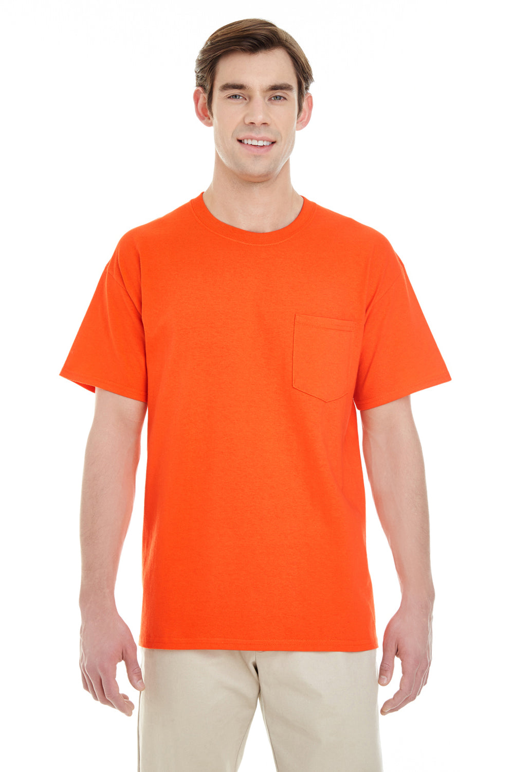 Gildan G530 Mens Short Sleeve Crewneck T-Shirt w/ Pocket Orange Front