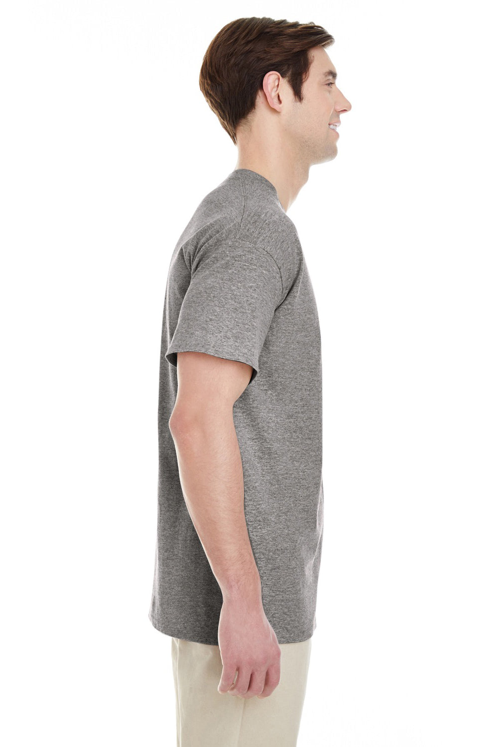 Gildan G530 Mens Short Sleeve Crewneck T-Shirt w/ Pocket Heather Graphite Grey Side