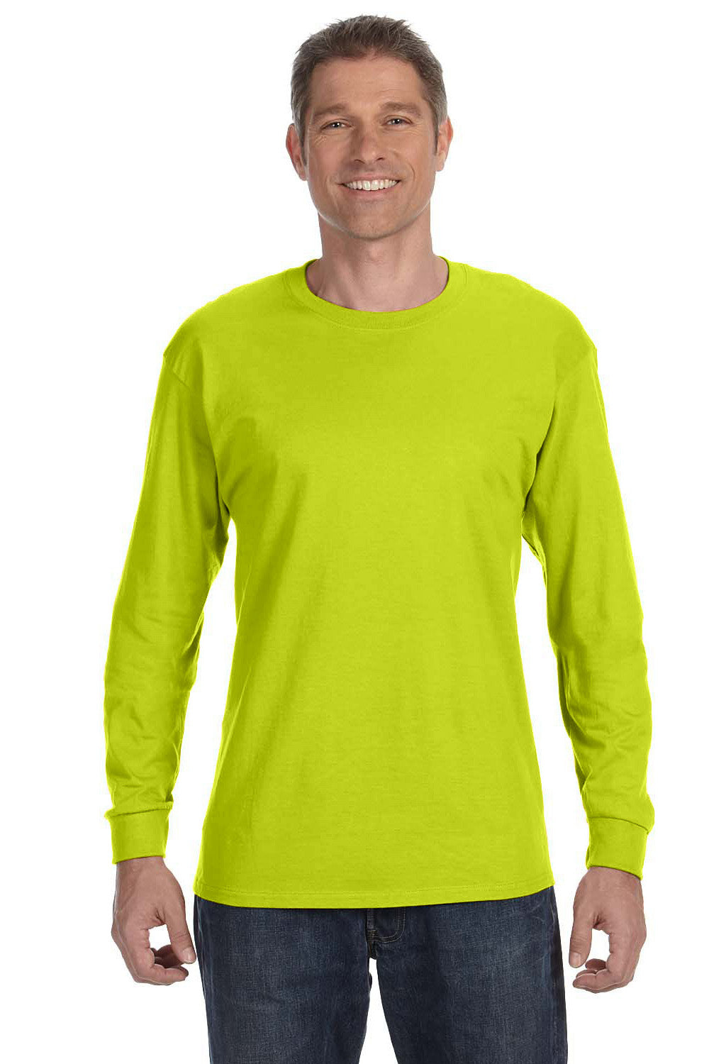 Gildan G540 Mens Long Sleeve Crewneck T-Shirt Safety Green Front