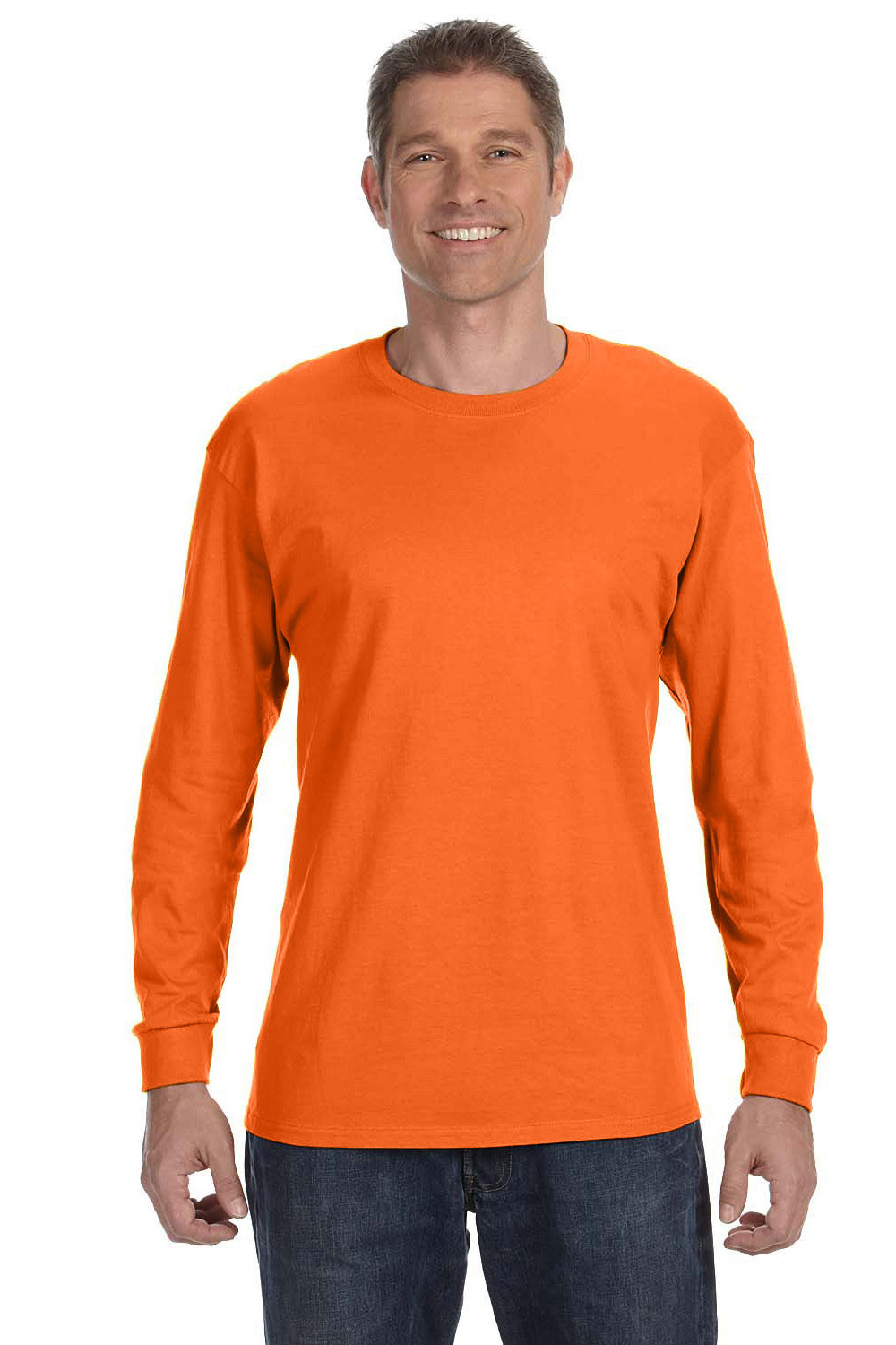 Gildan G540 Mens Long Sleeve Crewneck T-Shirt Safety Orange Front
