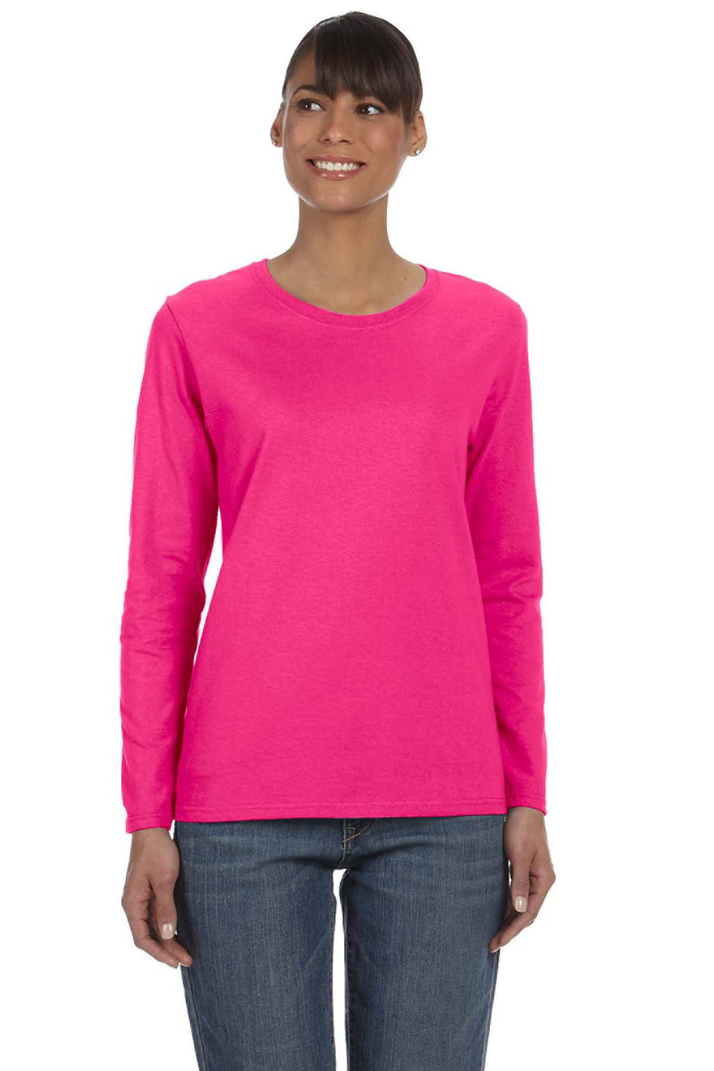 Gildan G540L Womens Long Sleeve Crewneck T-Shirt Heliconia Pink Front