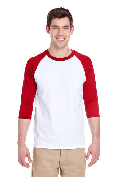 Gildan G570 Mens 3/4 Sleeve Crewneck T-Shirt White/Red Front