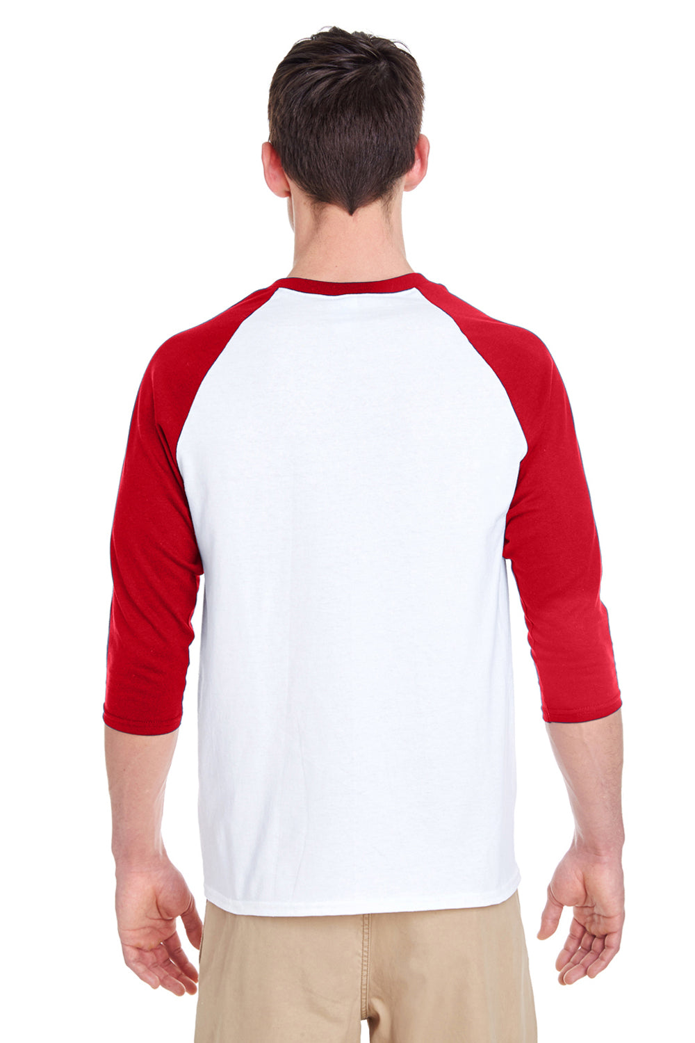 Gildan G570 Mens 3/4 Sleeve Crewneck T-Shirt White/Red Back
