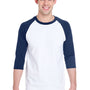 Gildan Mens 3/4 Sleeve Crewneck T-Shirt - White/Navy Blue