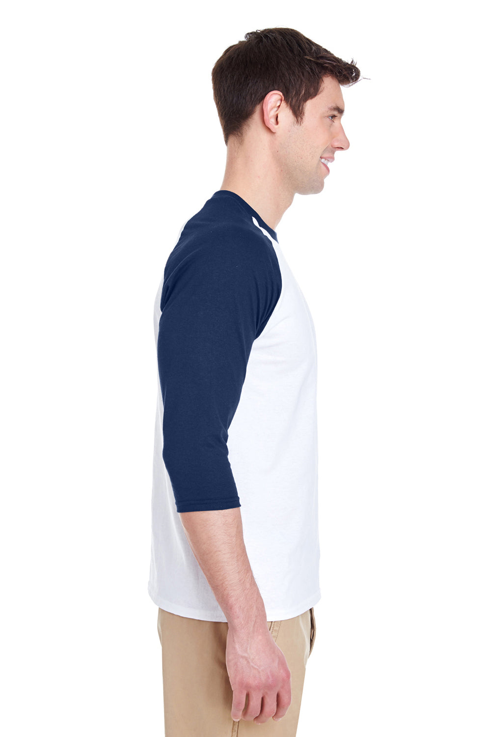 Gildan G570 Mens 3/4 Sleeve Crewneck T-Shirt White/Navy Blue Side