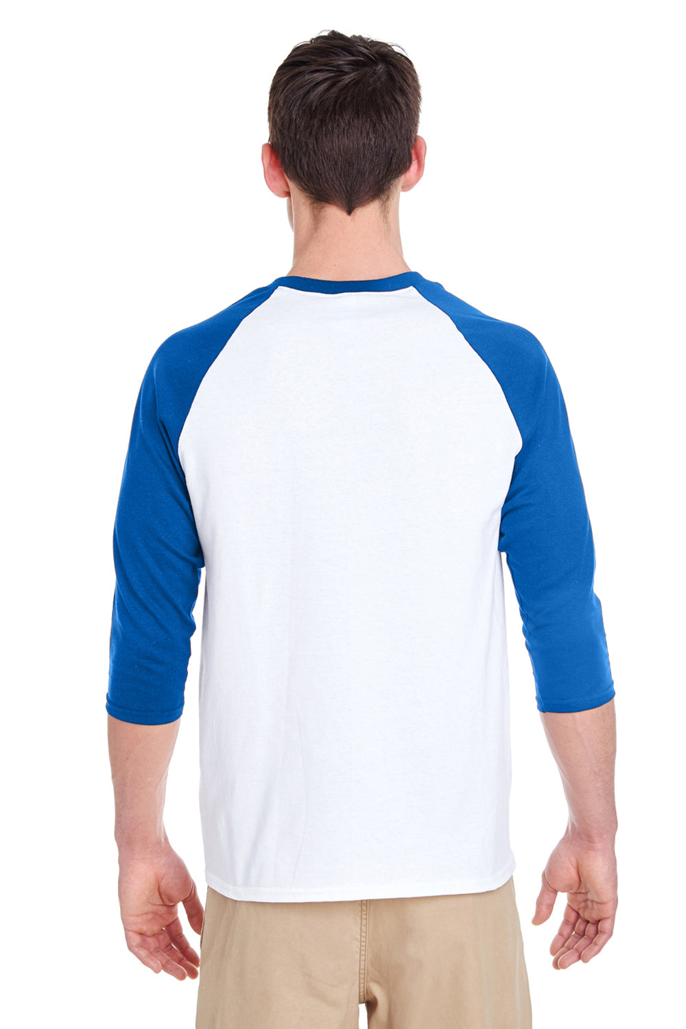 Gildan G570 Mens 3/4 Sleeve Crewneck T-Shirt White/Royal Blue Back