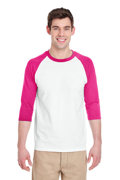 Gildan G570 Mens 3/4 Sleeve Crewneck T-Shirt White/Heliconia Pink Front