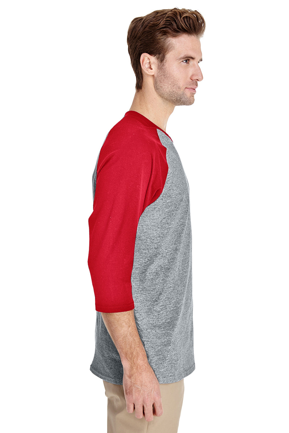 Gildan G570 Mens 3/4 Sleeve Crewneck T-Shirt Grey/Red Side