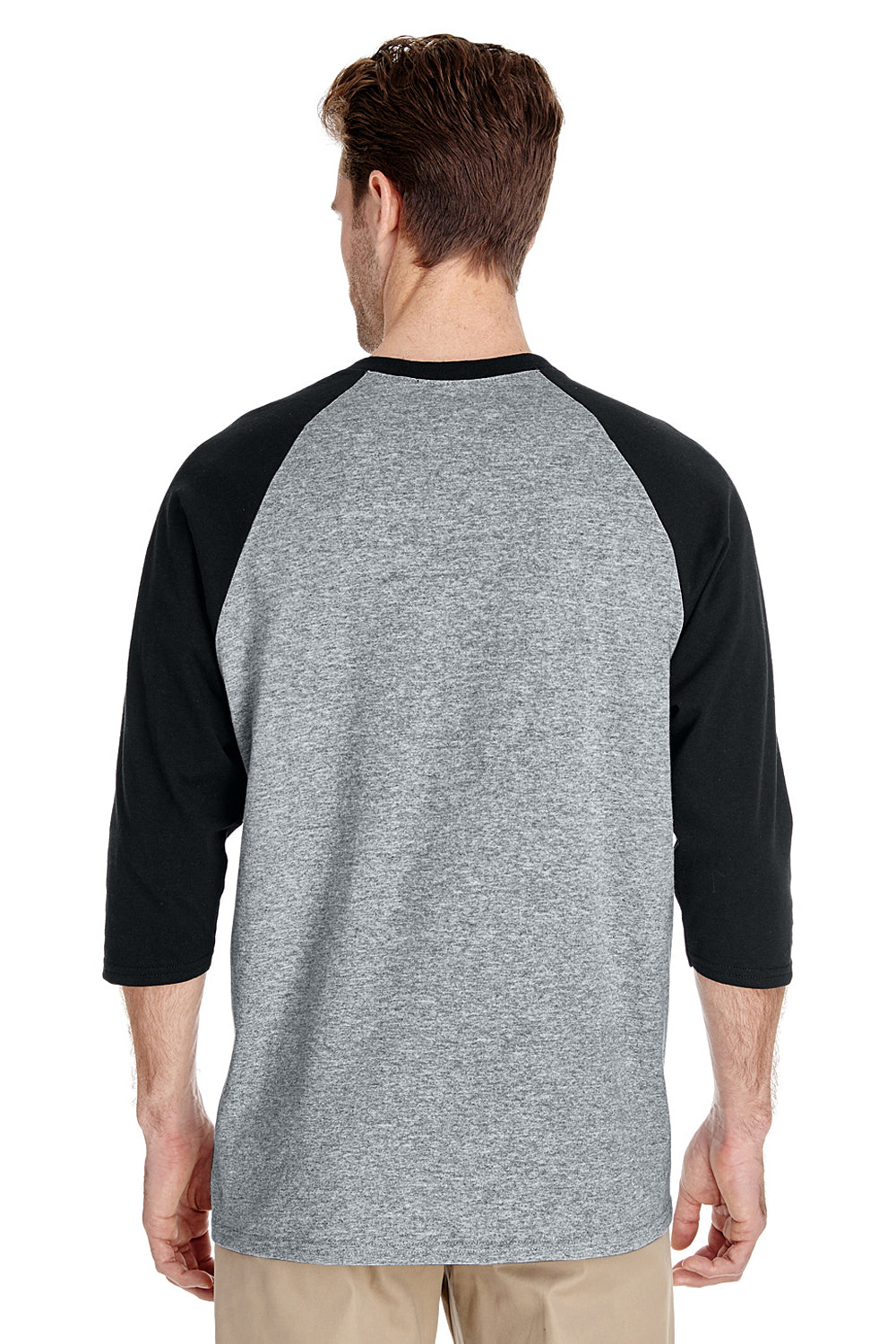Gildan G570 Mens 3/4 Sleeve Crewneck T-Shirt Grey/Black Back