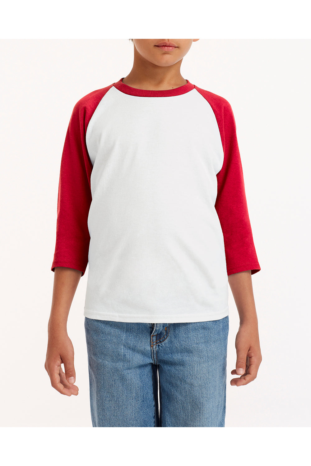 Gildan G570B Youth 3/4 Sleeve Crewneck T-Shirt White/Red Front