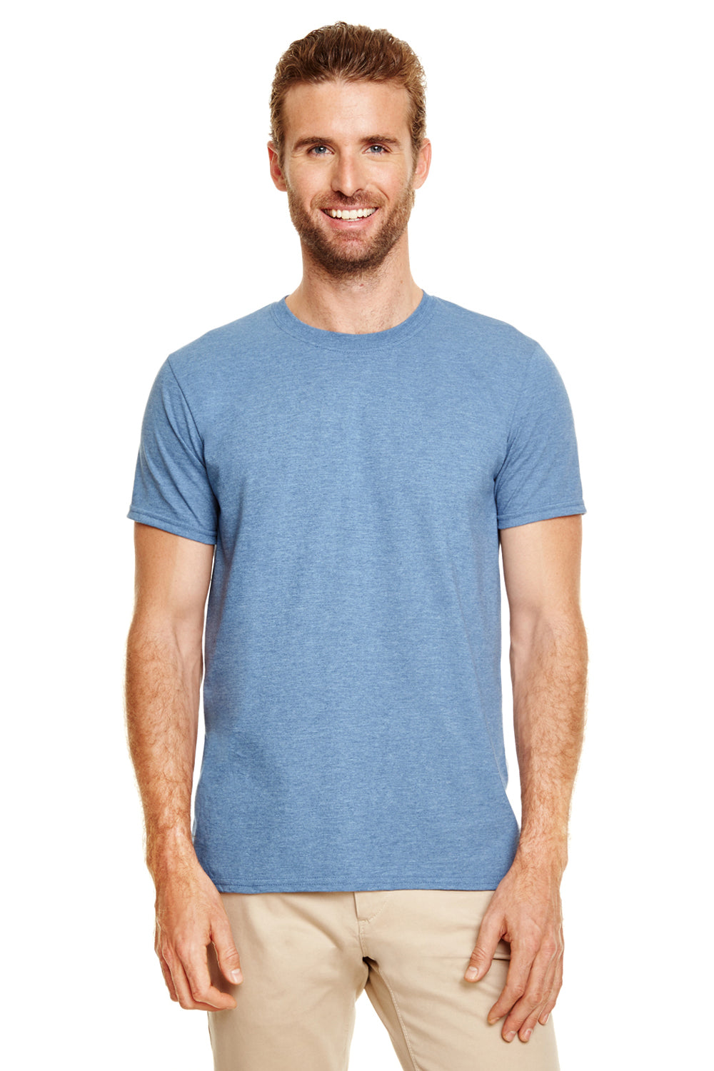 Gildan G640 Mens Softstyle Short Sleeve Crewneck T-Shirt Heather Indigo Blue Front