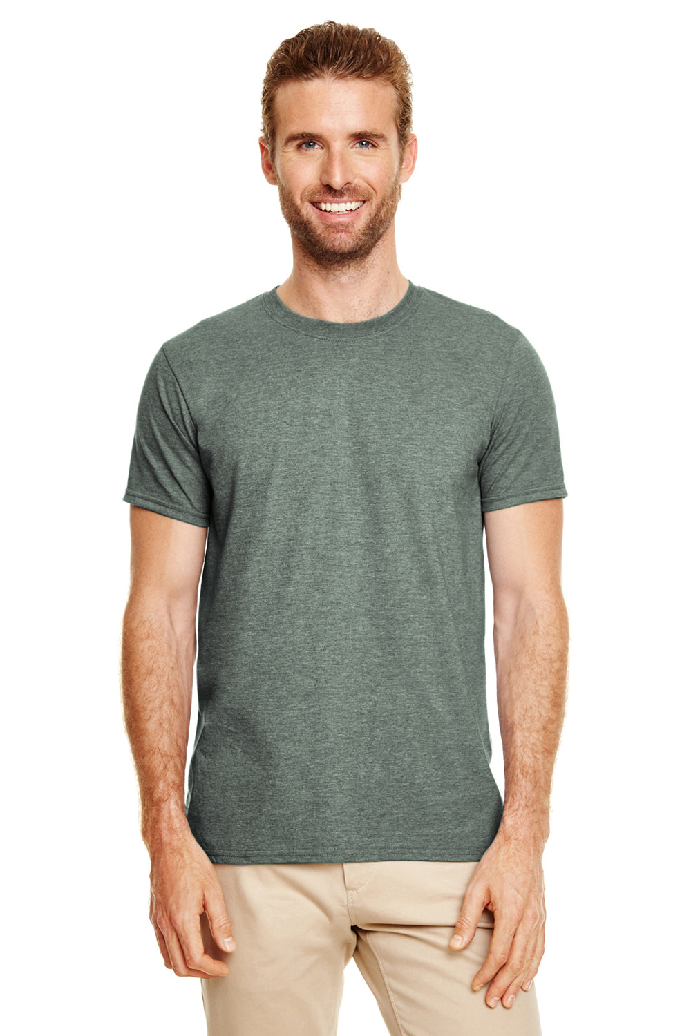 Gildan G640 Mens Softstyle Short Sleeve Crewneck T-Shirt Heather Forest Green Front