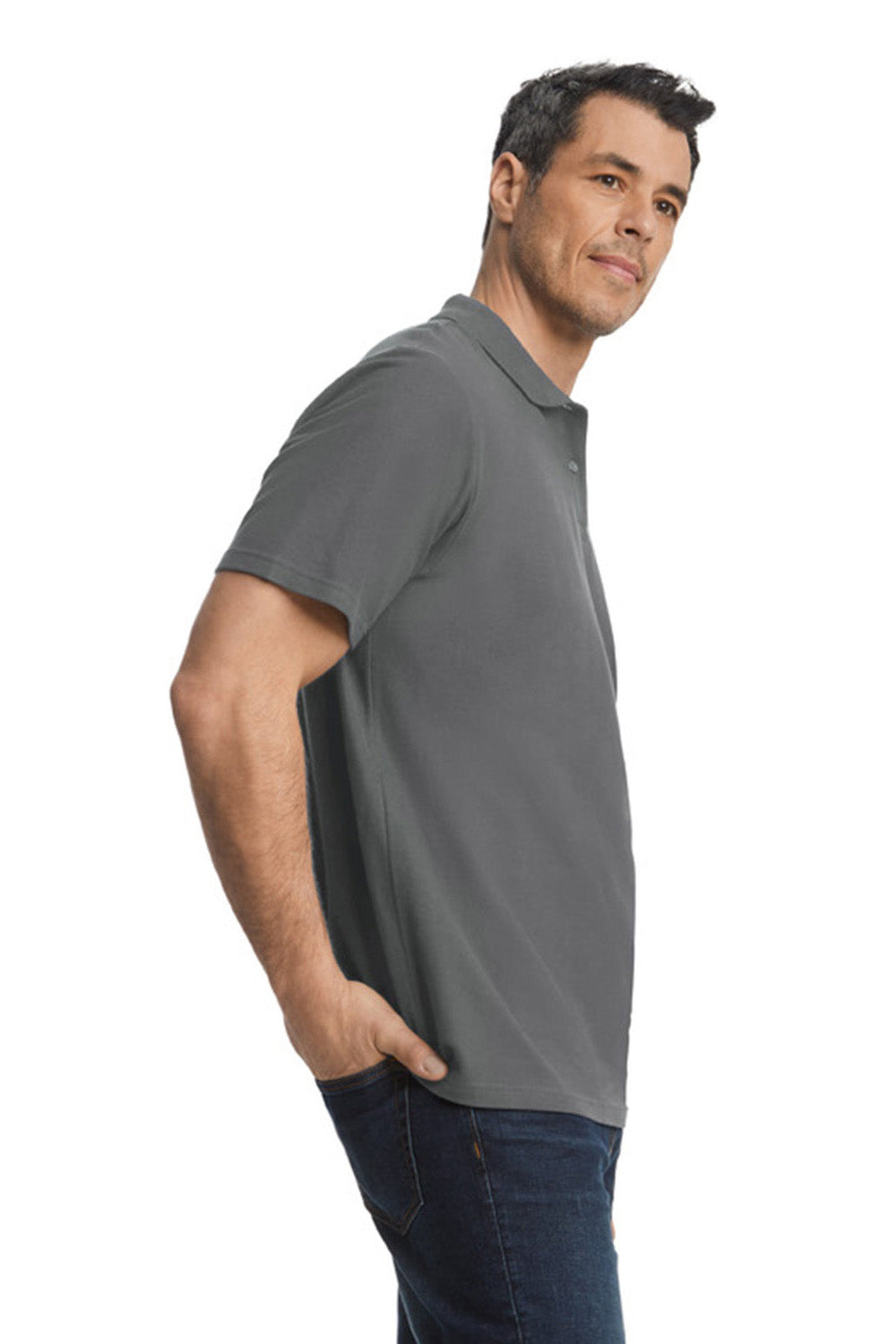 Gildan G648 Mens SoftStyle Double Pique Short Sleeve Polo Shirt Charcoal Grey Side