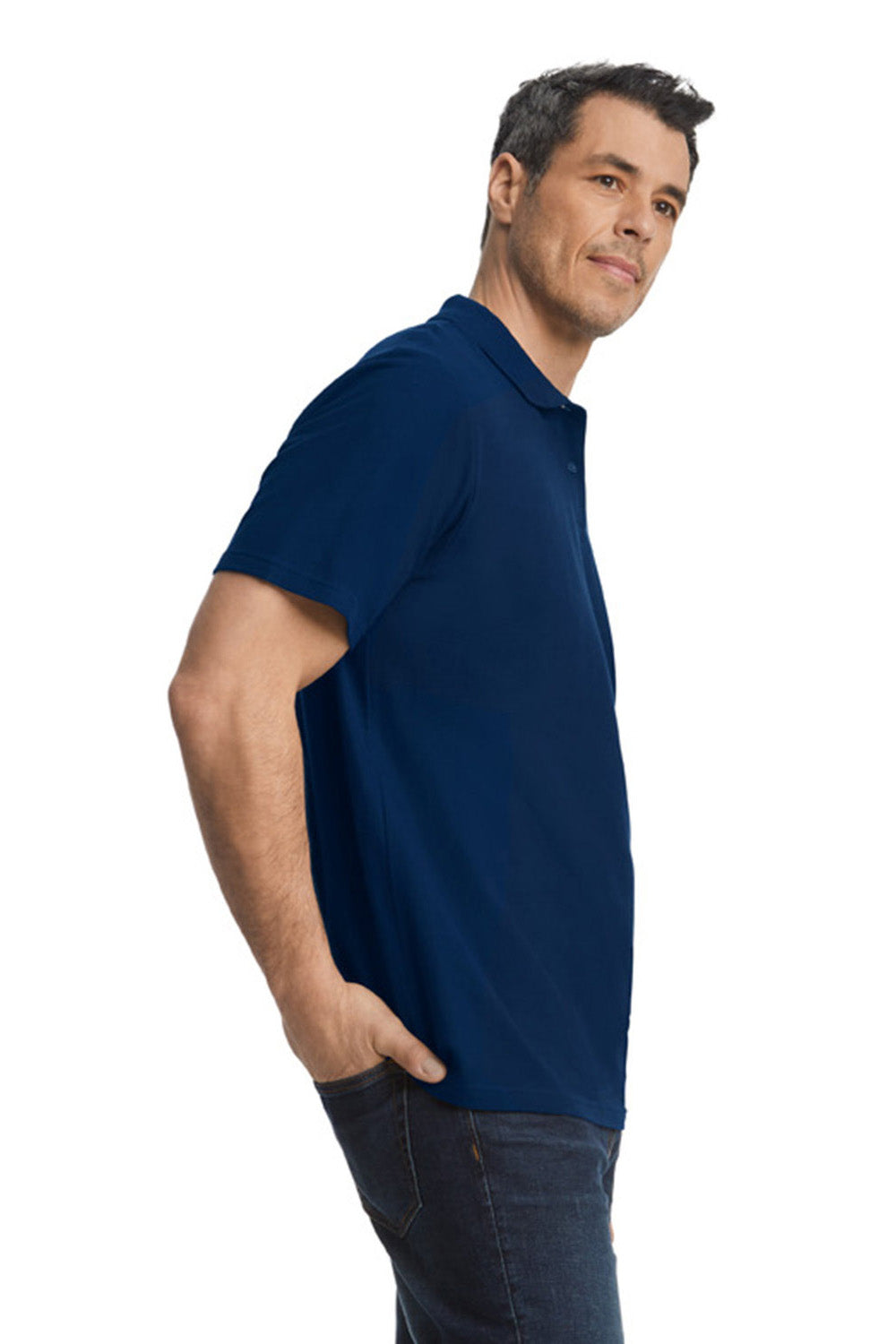 Gildan G648 Mens SoftStyle Double Pique Short Sleeve Polo Shirt Navy Blue Side