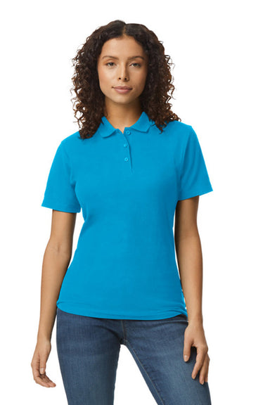 Gildan G648L Womens SoftStyle Double Pique Short Sleeve Polo Shirt Sapphire Blue Front