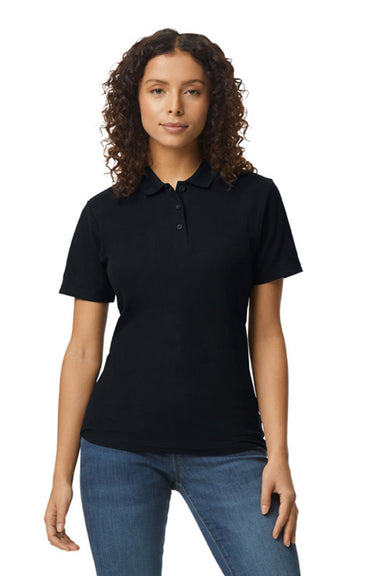 Gildan G648L Womens SoftStyle Double Pique Short Sleeve Polo Shirt Black Front