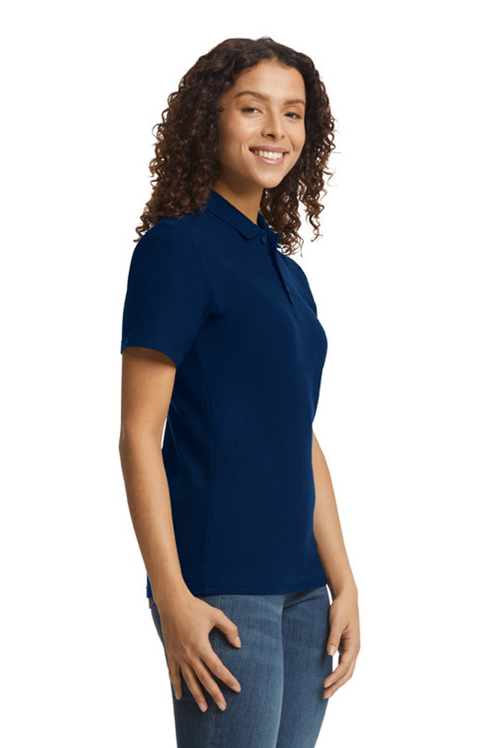 Gildan G648L Womens SoftStyle Double Pique Short Sleeve Polo Shirt Navy Blue Side