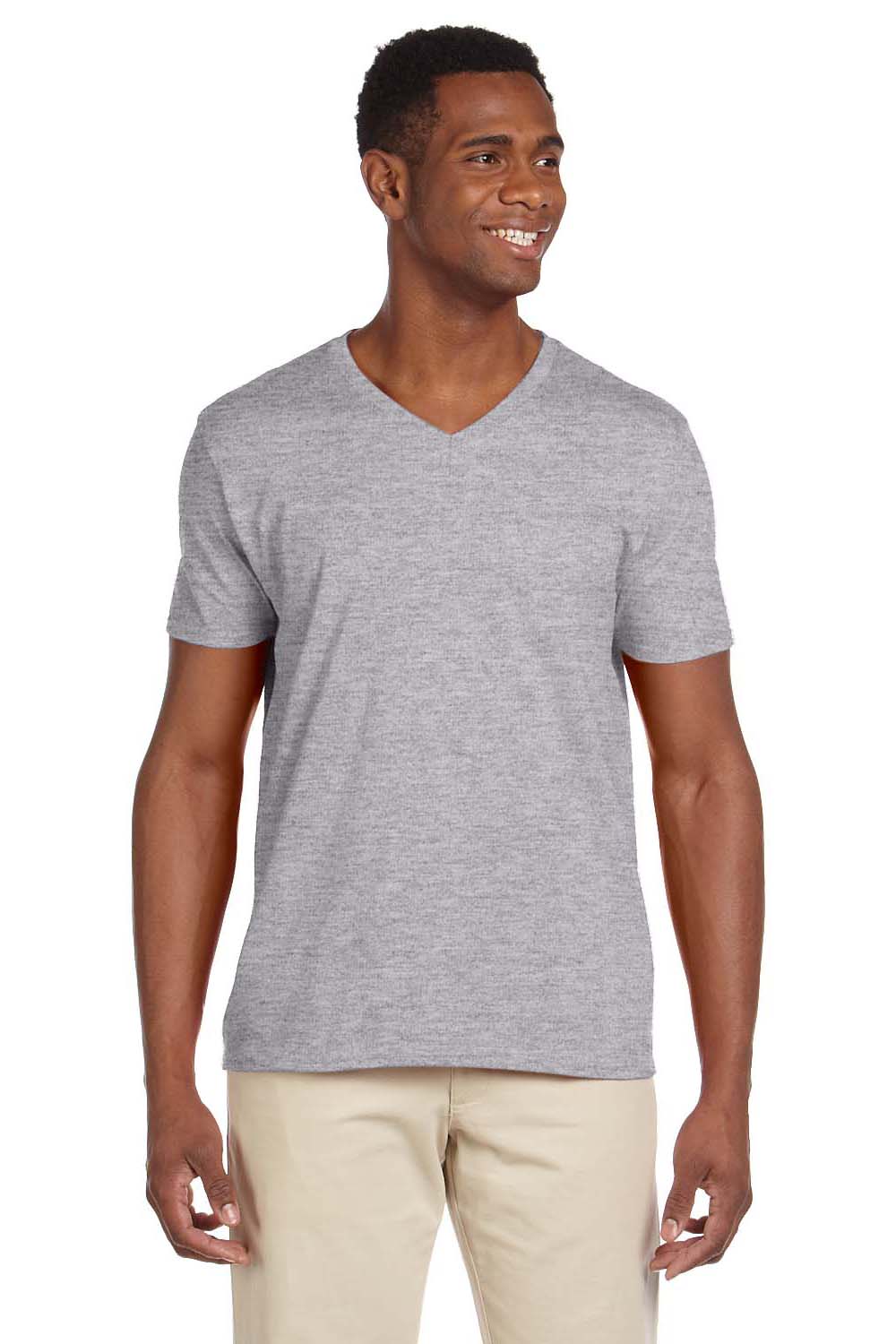 Gildan G64V Mens Softstyle Short Sleeve V-Neck T-Shirt Grey Front