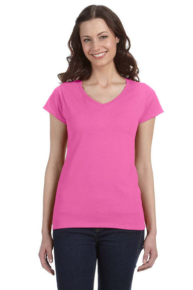 Gildan G64VL Womens Softstyle Short Sleeve V-Neck T-Shirt Azalea Pink Front